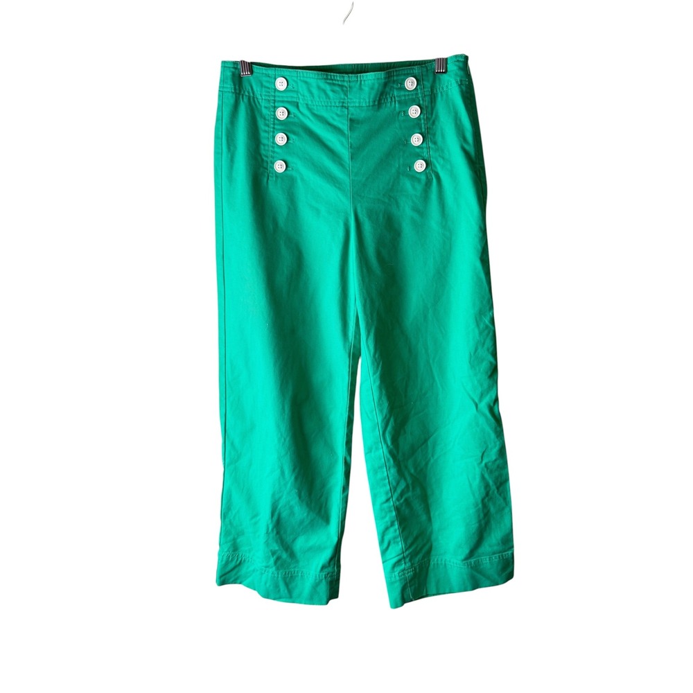 Talbots Womens Green High Waist Deck Pant Wide Leg Crop Sailor Button 4‎